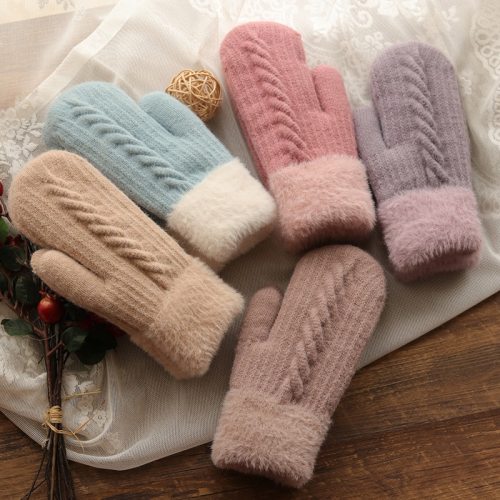 Winter Women Warm Plus Velvet Full Finger Cycling Woolen Gloves