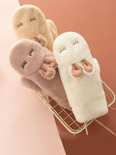 Winter ladies knitted cute rabbit hanging neck plus velvet warm mittens