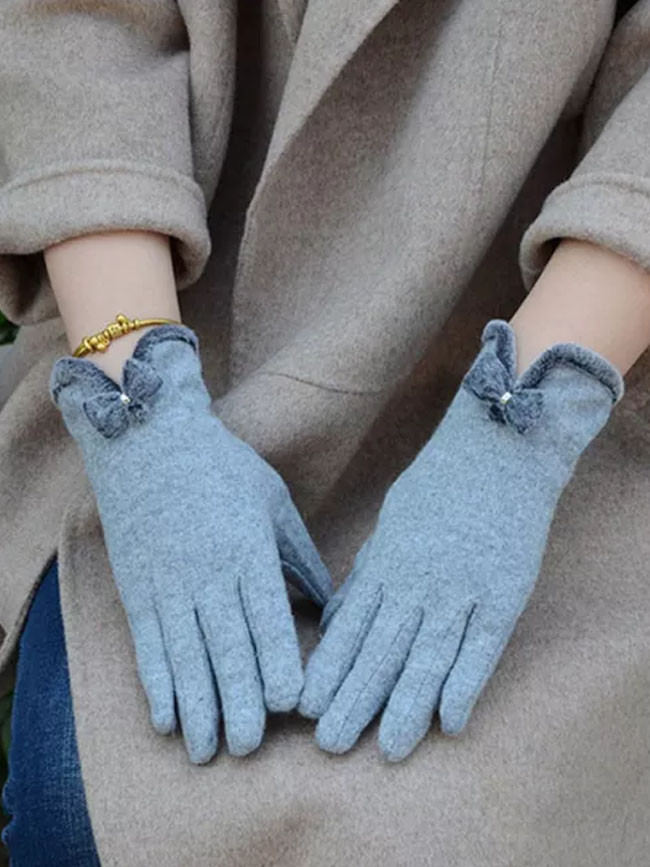 Wool Knit Embroidery Bow Dotted  Winter Women Warm Cashmere Full Finger Gloves