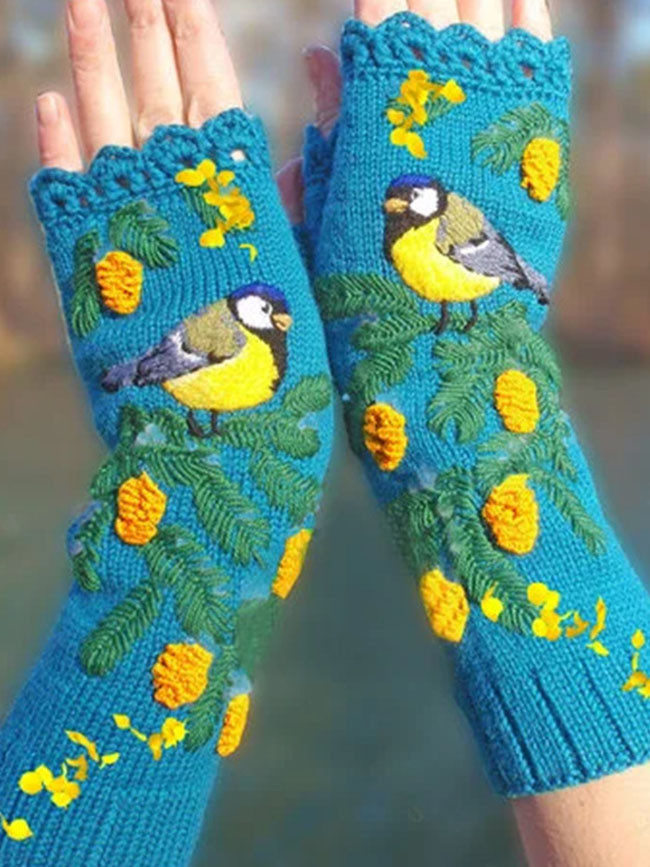 Embroidered knitted yellow flower birdie women's gloves for longer warmth