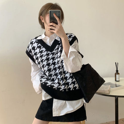 Women Sweater Vest Autumn Houndstooth Plaid V-Neck Sleeveless Knitted Vintage Loose Oversized Female Pullover Waistcoat Tops