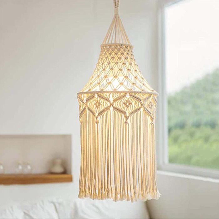 Handmade Macrame Light Shade Chandeliers Hanging Lamp Cover Boho Chic Decor Light Cover Light Shade Macrame Woven Tapestry