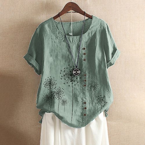 2021 Blouse Women Flower Print Vintage Linen Blouse Tops Female Button Shirts Short Sleeve Summer Oversized Shirt