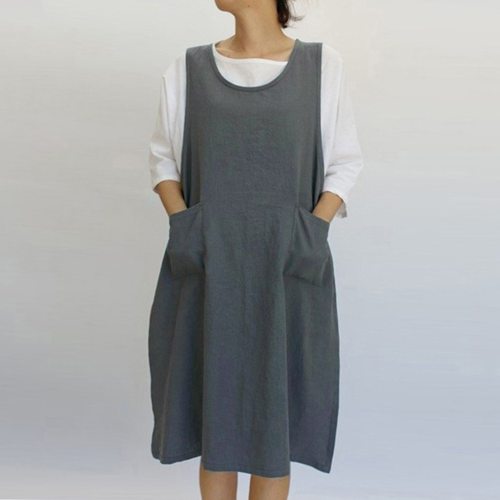 Women Cotton Tunic Dress Casual Apron With Pockets Japanese Style Pinafore Dress