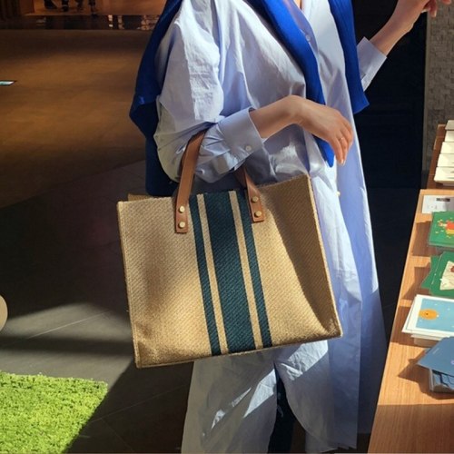 Women Canvas Striped Handbag Designer Tote Shoulder Bags Lady Casual Straw Messenger Bag Large Capacity OL Business Briefcase