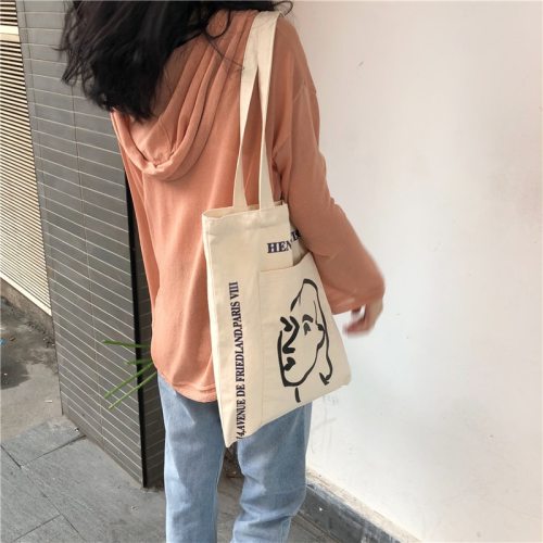 Women Canvas Shoulder Bag Ladies Casual Handbag Letters Printing Tote Bags Reusable Foldable Large Capacity Cotton Shopping Bag