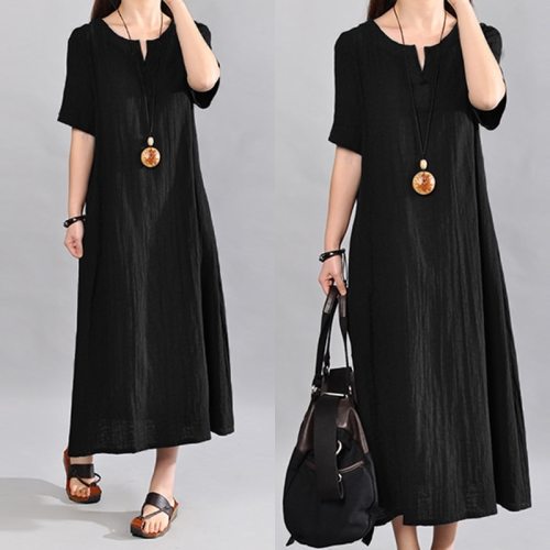 Women Vintage Linen Dress V Neck Short Sleeve Solid Pockets Casual Loos Plus Size Dresses