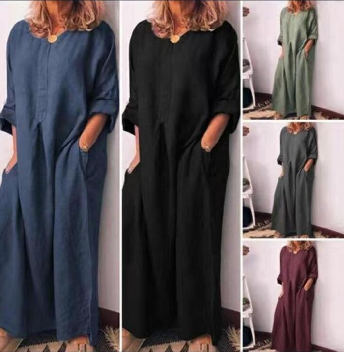 Women's Cotton and Linen Solid Color Loose Long-sleeved Dress