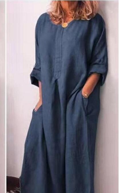 Women's Cotton and Linen Solid Color Loose Long-sleeved Dress