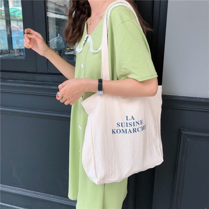 Women Canvas Shoulder Bag Letters Printing Ladies Casual Handbag Totes Eco Reusable Cotton Linen Shopping Travel Beach Bag