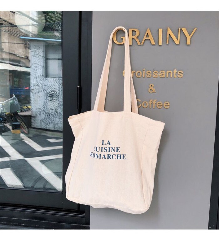 Women Canvas Shoulder Bag Letters Printing Ladies Casual Handbag Totes Eco Reusable Cotton Linen Shopping Travel Beach Bag