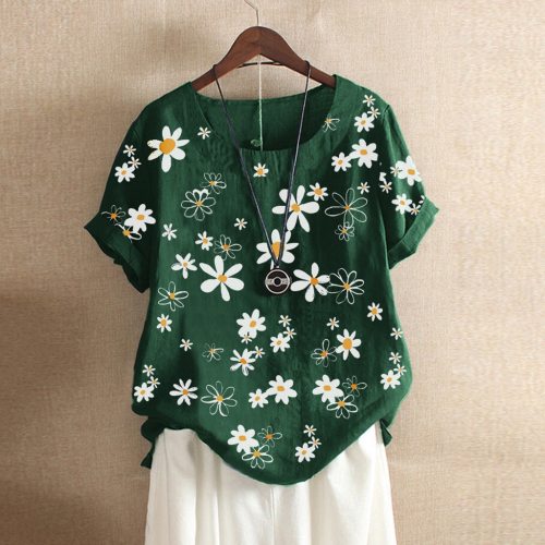 5XL Plus Size Women Casual Floral Print Short Sleeve O-Neck Loose T-Shirt Top Blouse