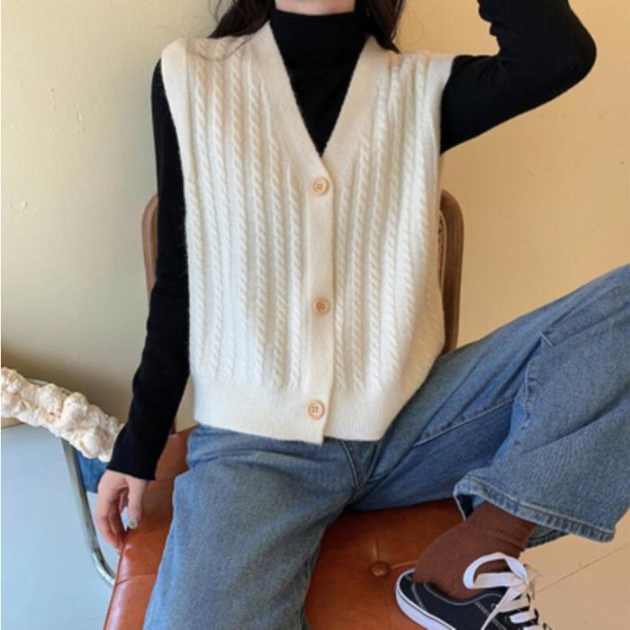 Women Knitted  V-Neck Sweater Vest