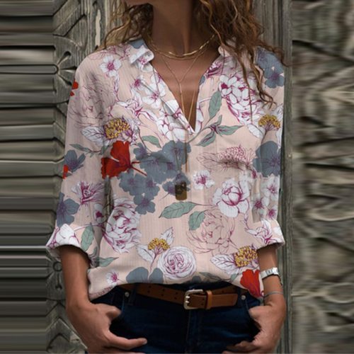 Fashion Women Lapel Flower Printing Long Sleeves  Pullover Shirt Blouses Tops