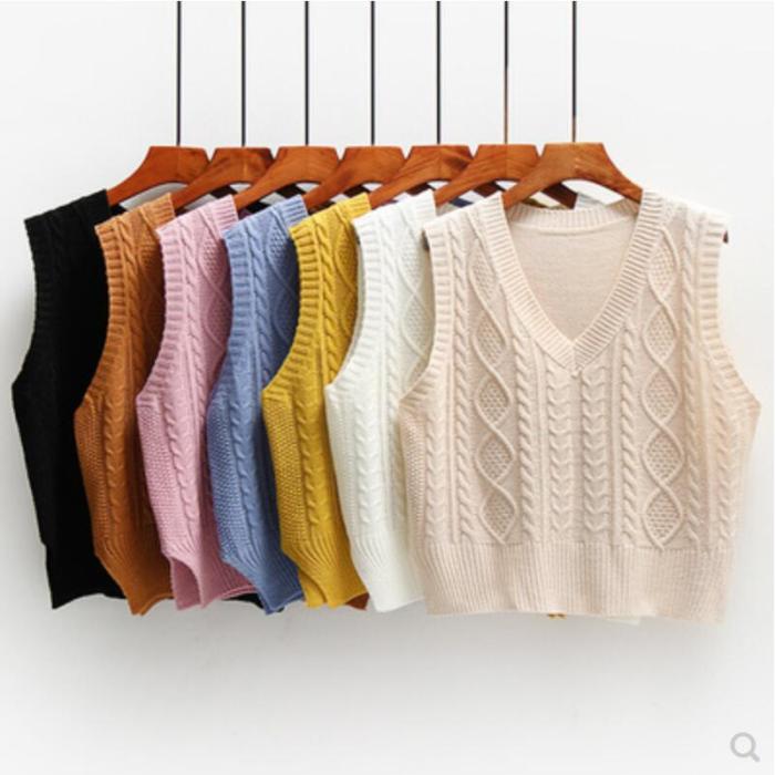 Women Short Knitted Solid Color Loose Sweater Vest
