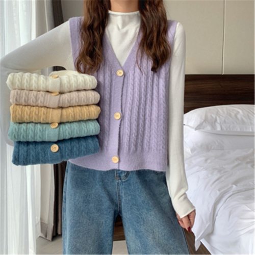 V-Neck Single-breasted Camel Sweater Cardigan For Women 2021 New Autumn Loose Sleeveless Knitted Vest Female Outerwear