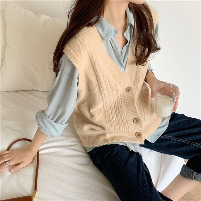 New Oversize V-Neck Single-breasted Camel Sweater Vest