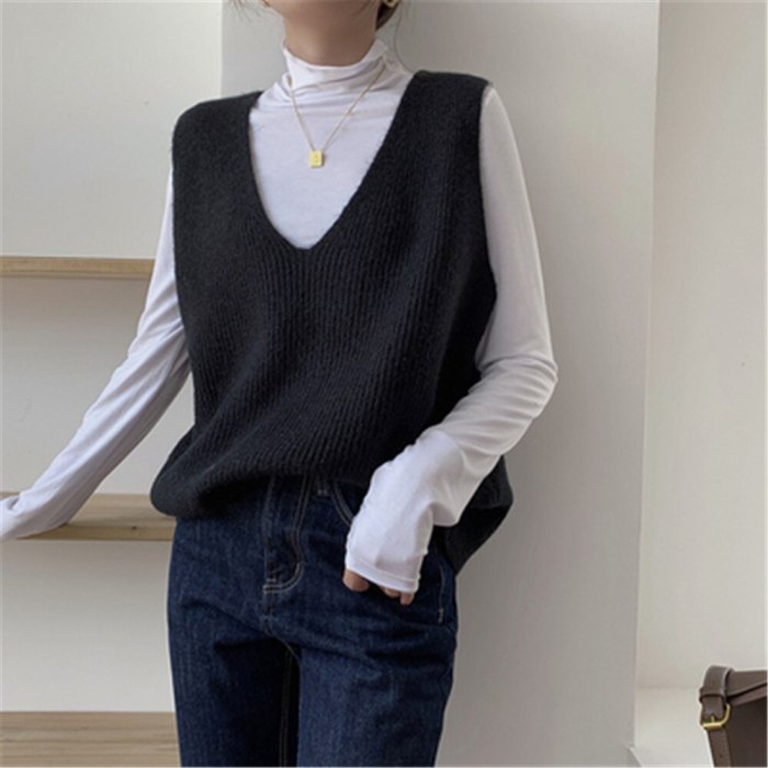 Women Autumn Korean Style Casual V Neck Knitted Sweater Vest