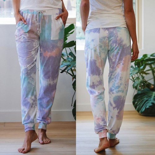 Summer Pants Plus Size 2XL Women Cotton Loose Hot Tie-dye Printed Pocket SlacksLady Fashion Home Long Trousers Pants