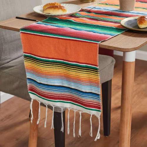 Mexican Table Runner Stripe Shawl Blanket Rainbow Tablecloth Beach Mat with Tassel 35*215cm