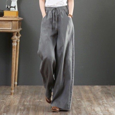 Cotton linen high waist loose large size retro casual pants mopping the floor straight trousers wide leg pants