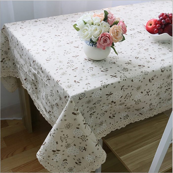 Pastoral Style Cotton Linen Table Cloth Dandelion Printed Rectangle Table Cover Tablecloth with Lace Edge High Quality