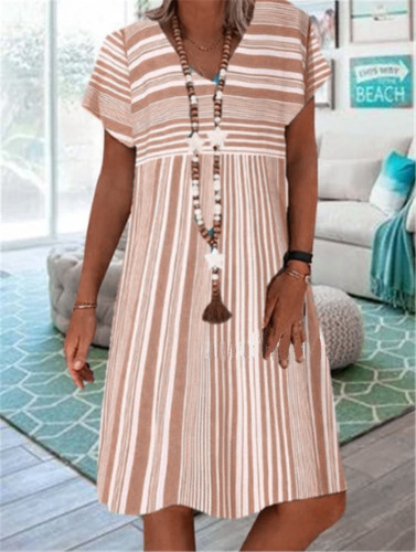 Plus Size Women Boho Stripe Cotton and Linen V-Neck Beach Summer Dress