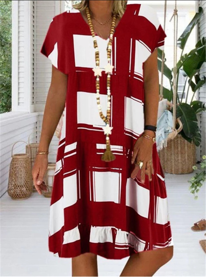V-Neck Linen Casual Dress Women Short Sleeve Loose Clothing Fashion Floral Printed Summer Dresses