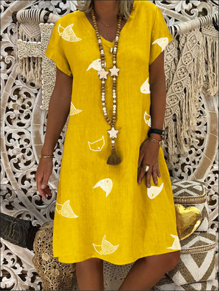 Floral Print Dress Women Casual Summer A-line Dress V-neck Short Sleeve Cotton Linen Dress Woman Plus Size Dress