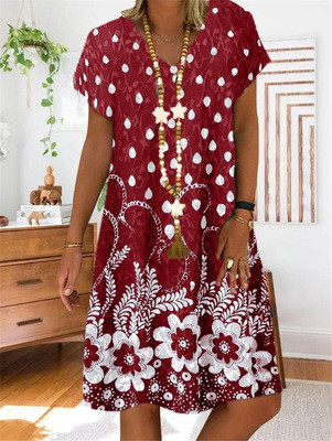 Women Vintage Casual Summer Floral Print V-Neck Short Sleeve Dress Mini Dress