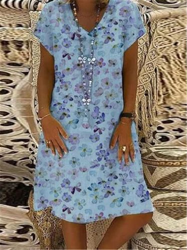 Plus Size Dress Summer Women Vintage printing Short Sleeve A Line printed Linen Casual Summer Dresses