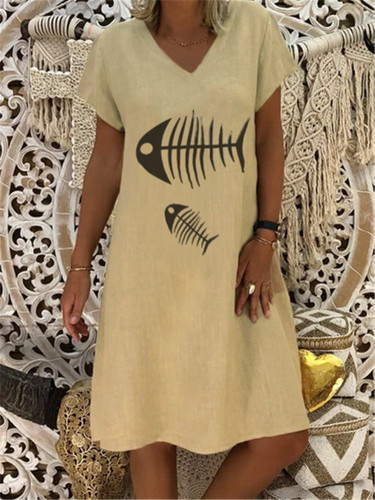 Fish Printed Cotton Linen Dress Women Short Sleeves V-Neck Casual Summer Dress