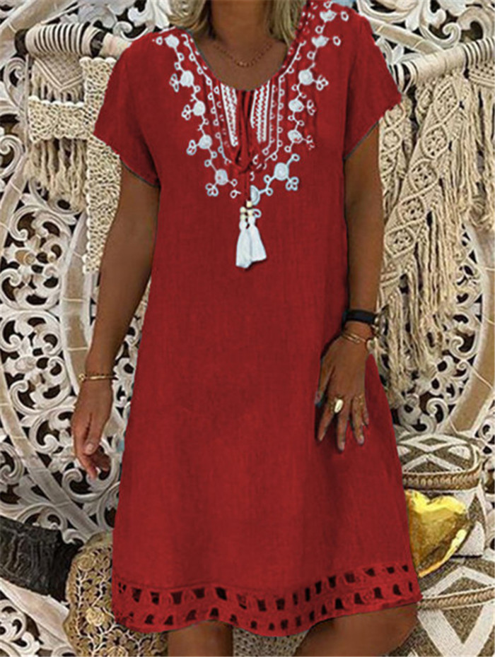 Women's Casual Clothing Knee-Length Comfortable Print Lace Linen Cotton Dress
