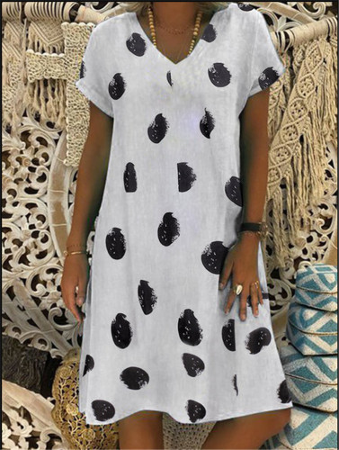 Point Print Casual Dress V-neck Short Sleeve Cotton Linen Dress Holiday Beach Plus Size Dresses For Women