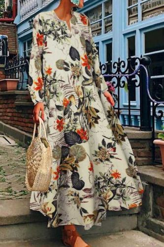 Women Long Sleeve Loose Dress Vintage Floral Printed Long Plus Size Cotton Linen Sundress Summer Maxi Dress