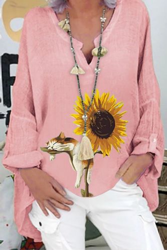 Fashion Retro Sunflower Floral Print Women Shirt Stitching Button Long Sleeve Cotton Linen Blouses Casual Street Lady Top