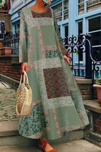 Women Plus Size Vintage Floral Printed Long Dress Cotton Linen Sundress Robe Femme Long Sleeve Loose Maxi Dress