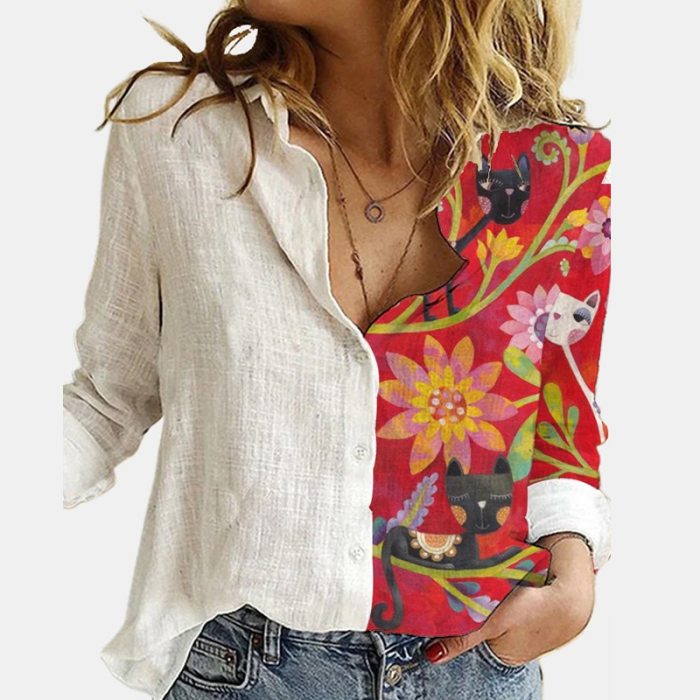Vintage Women Patchwork Button Long Sleeve Blouses Autumn Casual Loose Office Shirt Femme Plus Size 5XL Floral Print Shirt Blusa