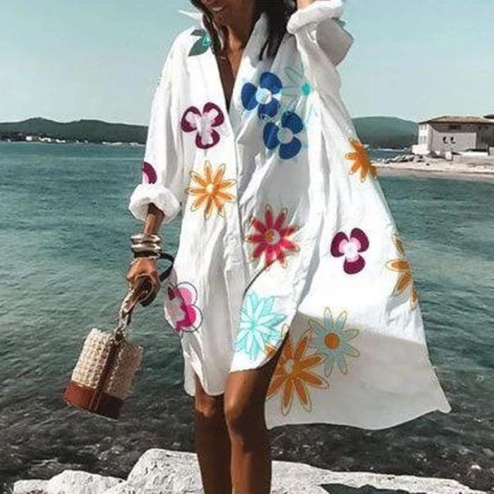 Women V Neck Floral Print Dress Casual 2021 Spring Long Sleeve Irregular Shirt Dress Summer Loose Beach Midi Dresses Vestidos