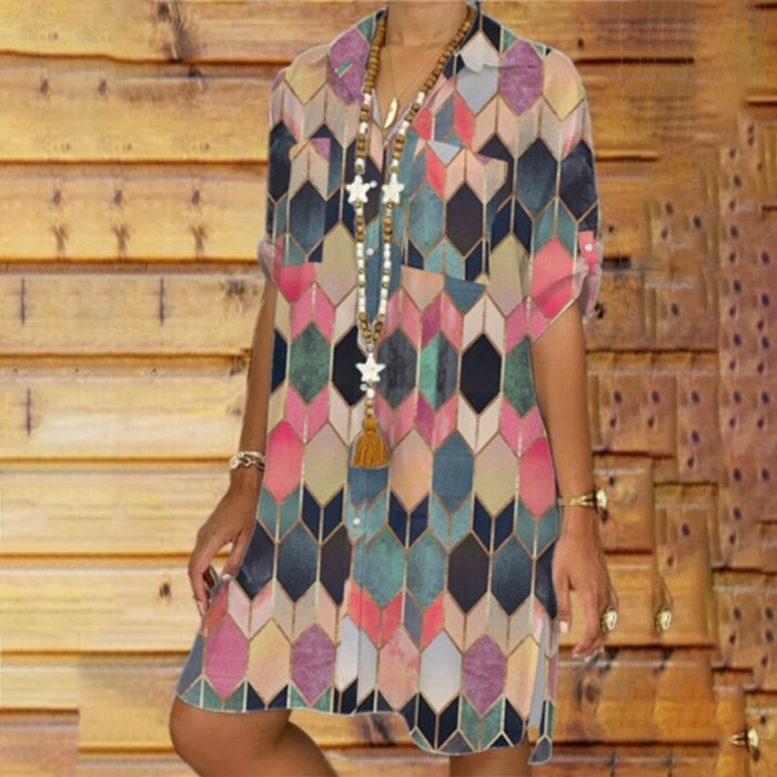 2021 Summer Geometric Turn-down Collar Women Shirt Dress Hot Sale Plus Size Single-Breasted Plaid Loose 3XL Dress