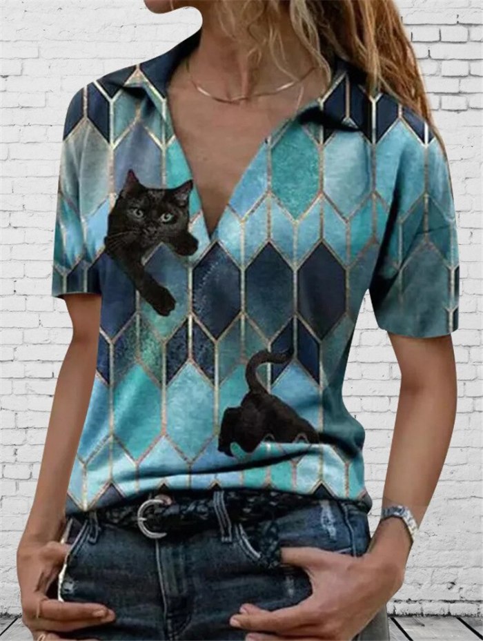 Women's T-Shirt 2021 New Summer Printed Woman Tops Deep V Neck Female T Shirts Casual Soft Short Sleeve Office Ladies Tops
