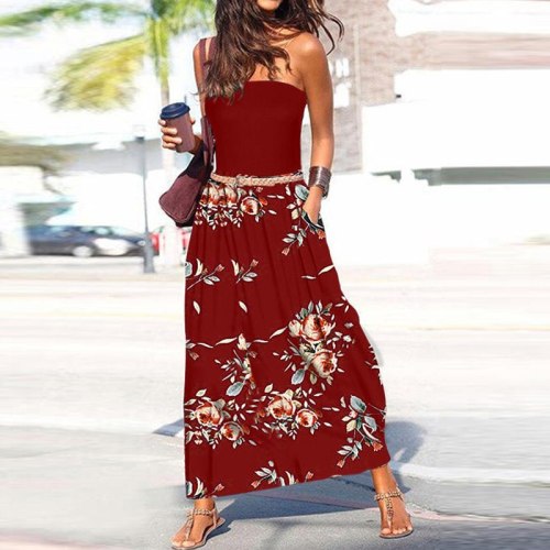 Women Floral Print Long Dress Spring Sleeveless Strapless Loose Party Dress 2021 Summer Sexy Backless Off Shoulder Beach Dresses