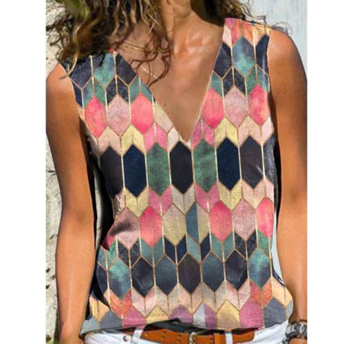 Blouse Women's Sexy V-neck Cute Retro Plaid Print Pullover Sleeveless Casual Bottom Blouse Vest Top