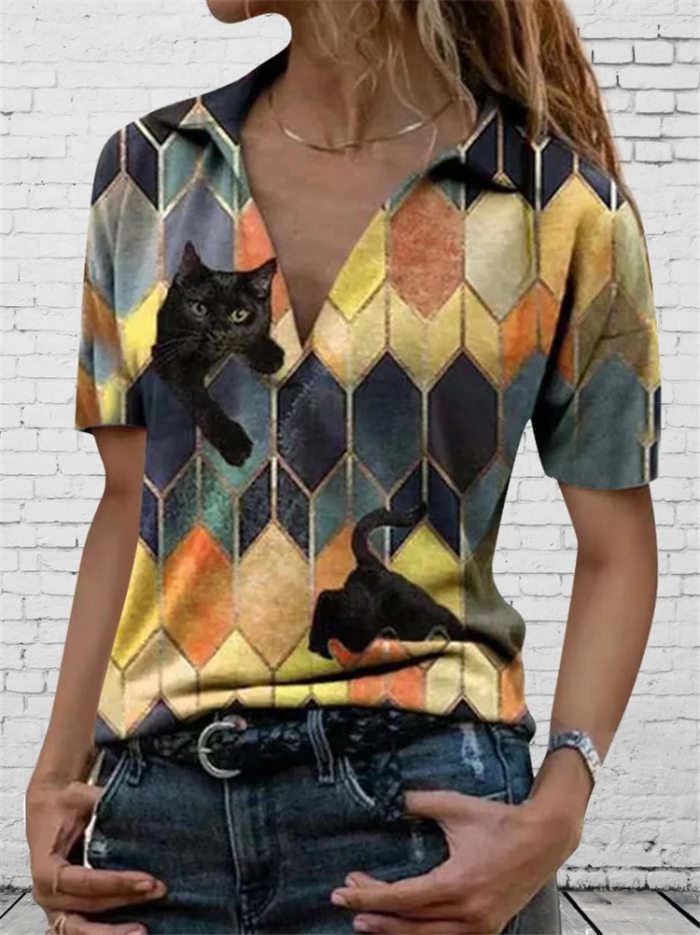 Women's T-Shirt 2021 New Summer Printed Woman Tops Deep V Neck Female T Shirts Casual Soft Short Sleeve Office Ladies Tops