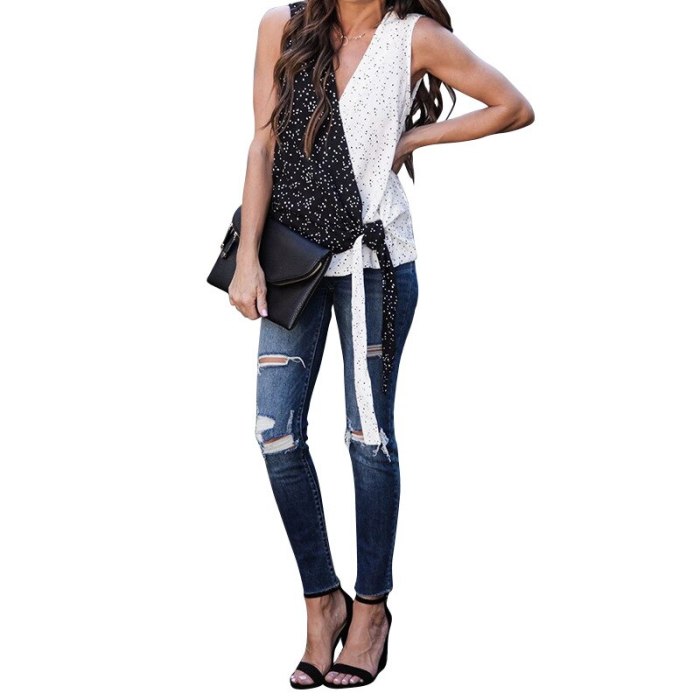 Women's Summer New Polka Dot Lace Up Black and White Contrast Color Patchwork Casual Tank Tops FC890