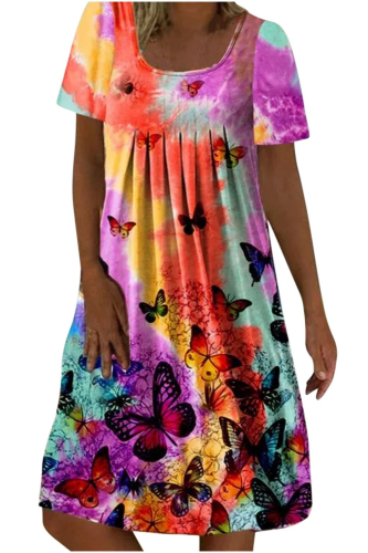 Women's Casual Fashion Dazzling Butterfly Print Round Neck Short Sleeve Dress
