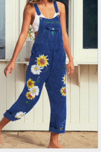 Plus Size S-5XL Women Playsuit Casual Bib Overall Dungarees Sunflower Print Pockets Denim Loose Overalls Sexy Jumpsuits