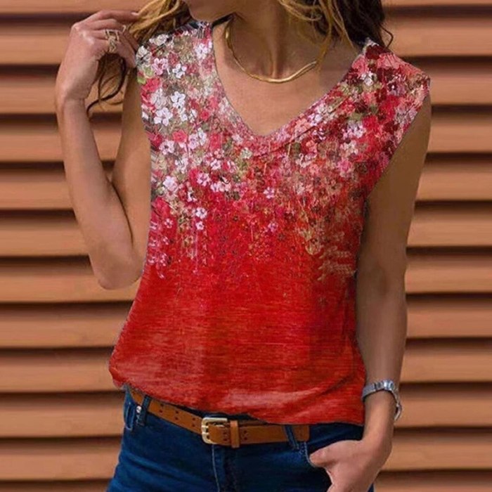 2021 Summer Vintage Floral Printed Loose Blouse Shirts Women Sexy V-Neck Pullover Tops Ladies 5XL Casual Sleeveless Vest Blusa