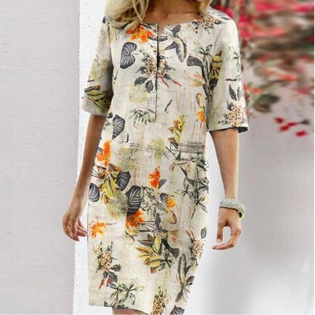 Autumn Cotton Linen Dress 2020 Spring Button O-Neck Printing Knee Party Dress Women Long Sleeve Dresses Plus Size 4XL