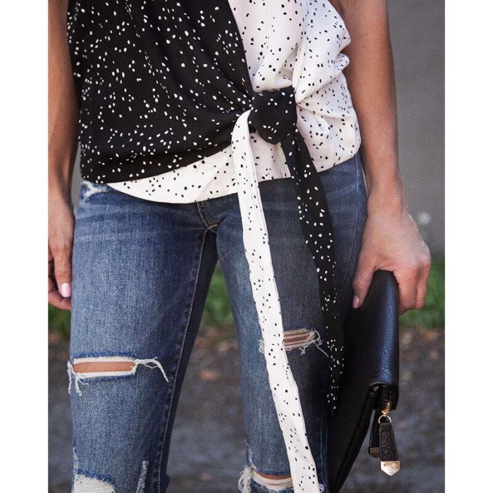 Women's Summer New Polka Dot Lace Up Black and White Contrast Color Patchwork Casual Tank Tops FC890